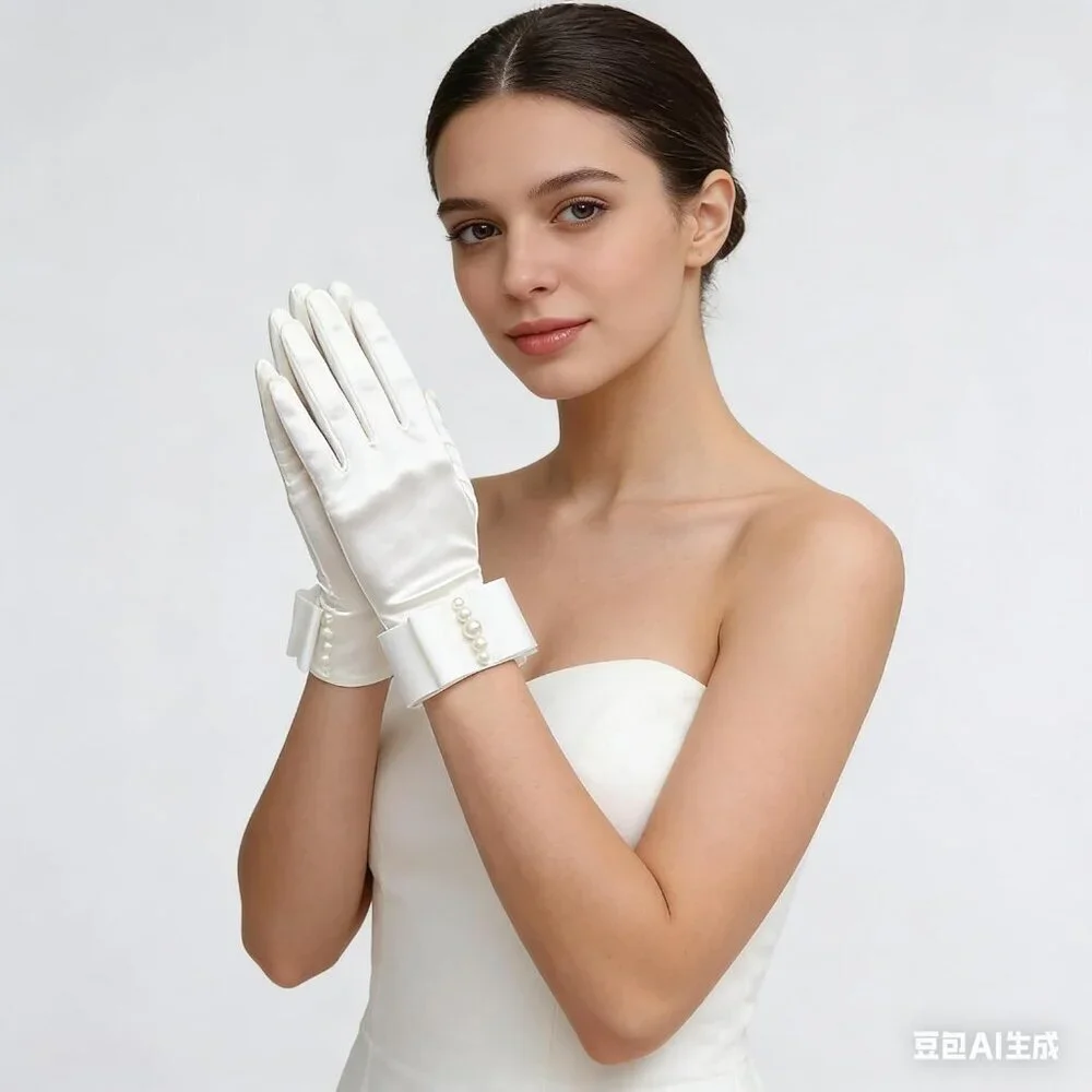 Women's Embellished Satin White Pearl Bow Gloves Elegant Finger Accessory